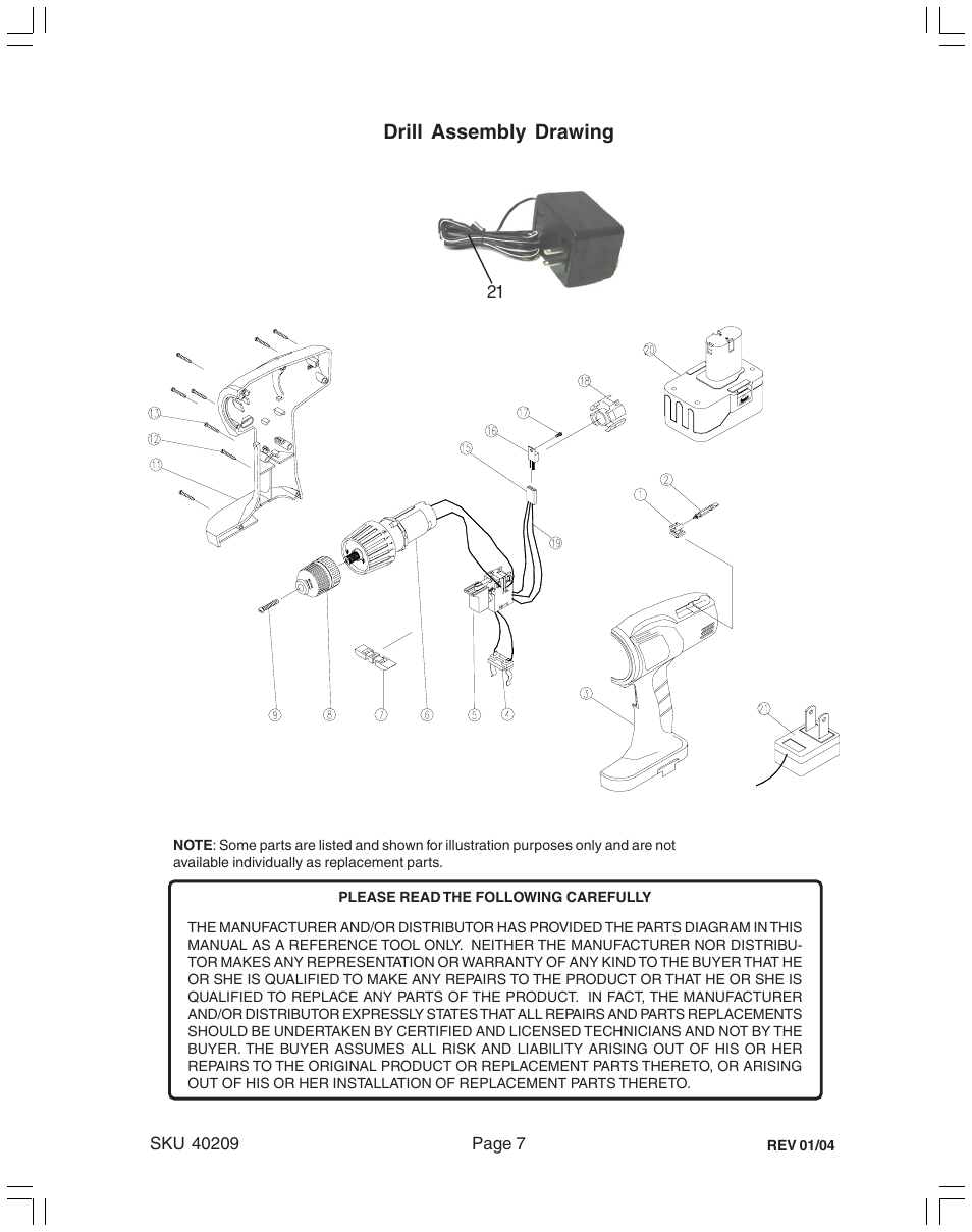 Drill assembly drawing | Harbor Freight Tools 40209 User Manual | Page 7 / 7