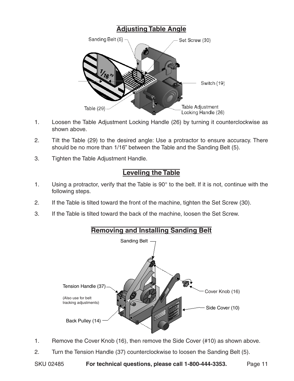 Adjusting table angle, Leveling the table, Removing and installing sanding belt | Harbor Freight Tools BELT SANDER - 1 X 30 INCHES 2485 User Manual | Page 11 / 16