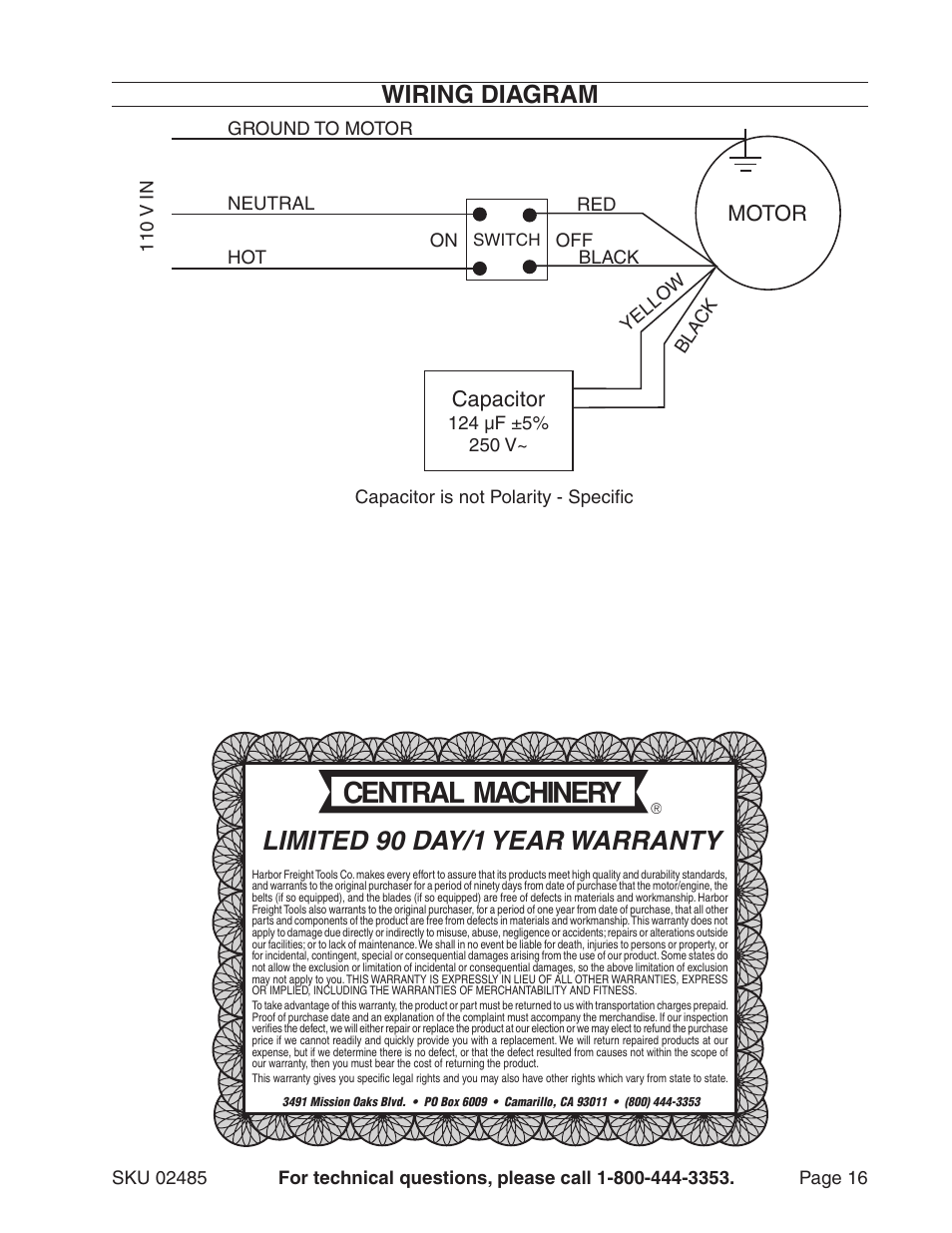 Limited 90 day/1 year warranty, Wiring diagram, Motor | Capacitor | Harbor Freight Tools BELT SANDER - 1 X 30 INCHES 2485 User Manual | Page 16 / 16