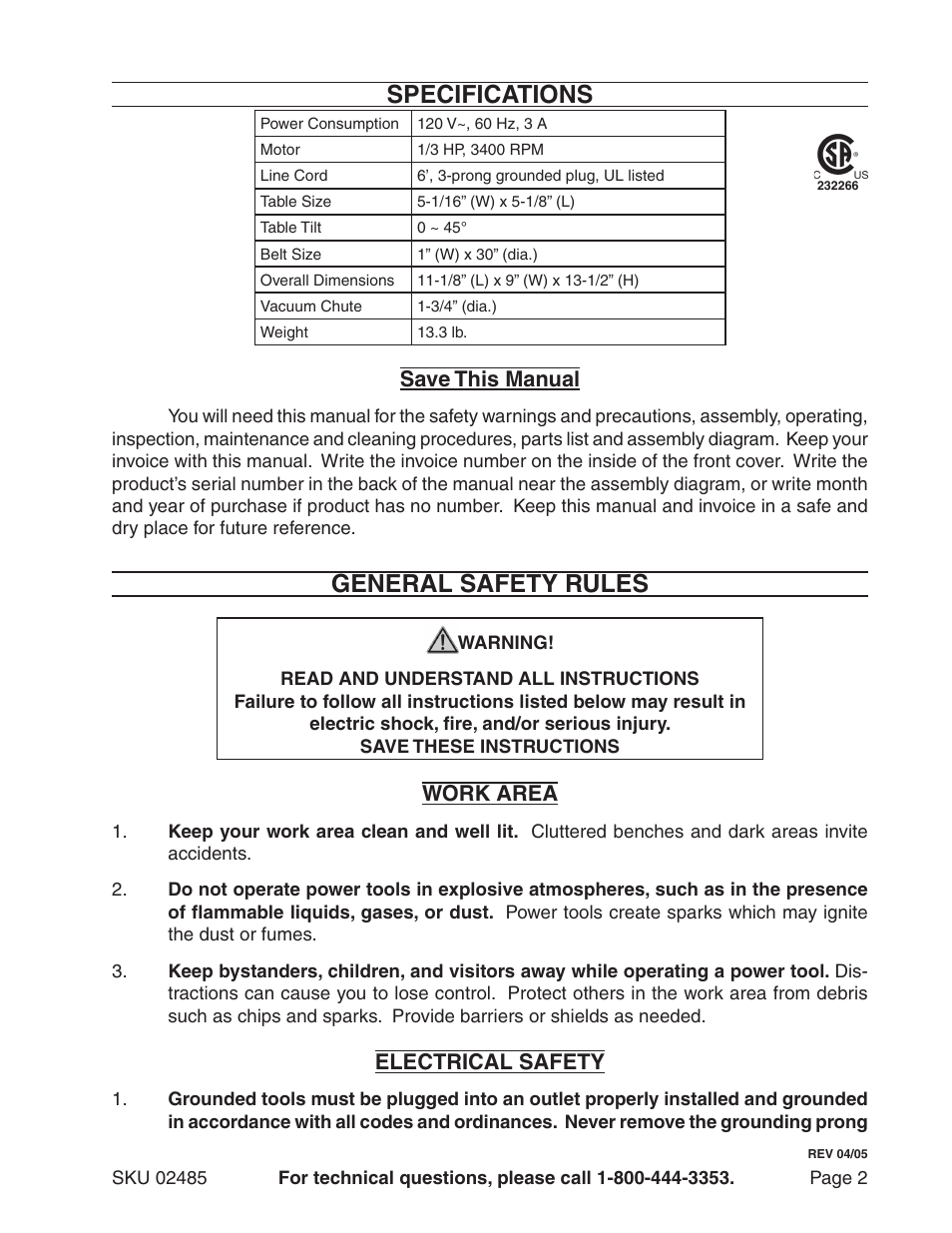 Specifications, General safety rules, Save this manual | Work area, Electrical safety | Harbor Freight Tools BELT SANDER - 1 X 30 INCHES 2485 User Manual | Page 2 / 16