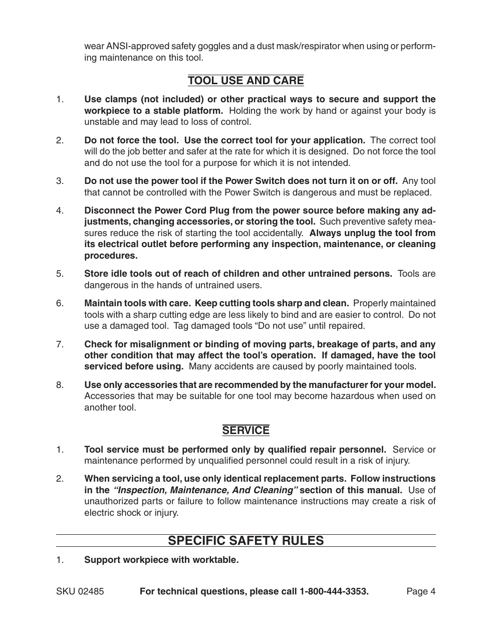 Specific safety rules | Harbor Freight Tools BELT SANDER - 1 X 30 INCHES 2485 User Manual | Page 4 / 16