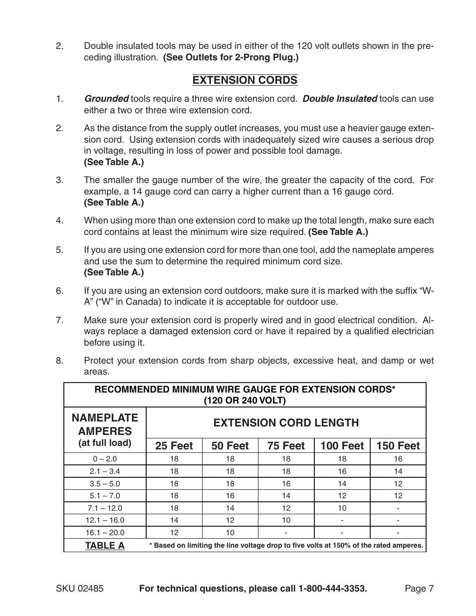 Extension cords, Nameplate amperes | Harbor Freight Tools BELT SANDER - 1 X 30 INCHES 2485 User Manual | Page 7 / 16