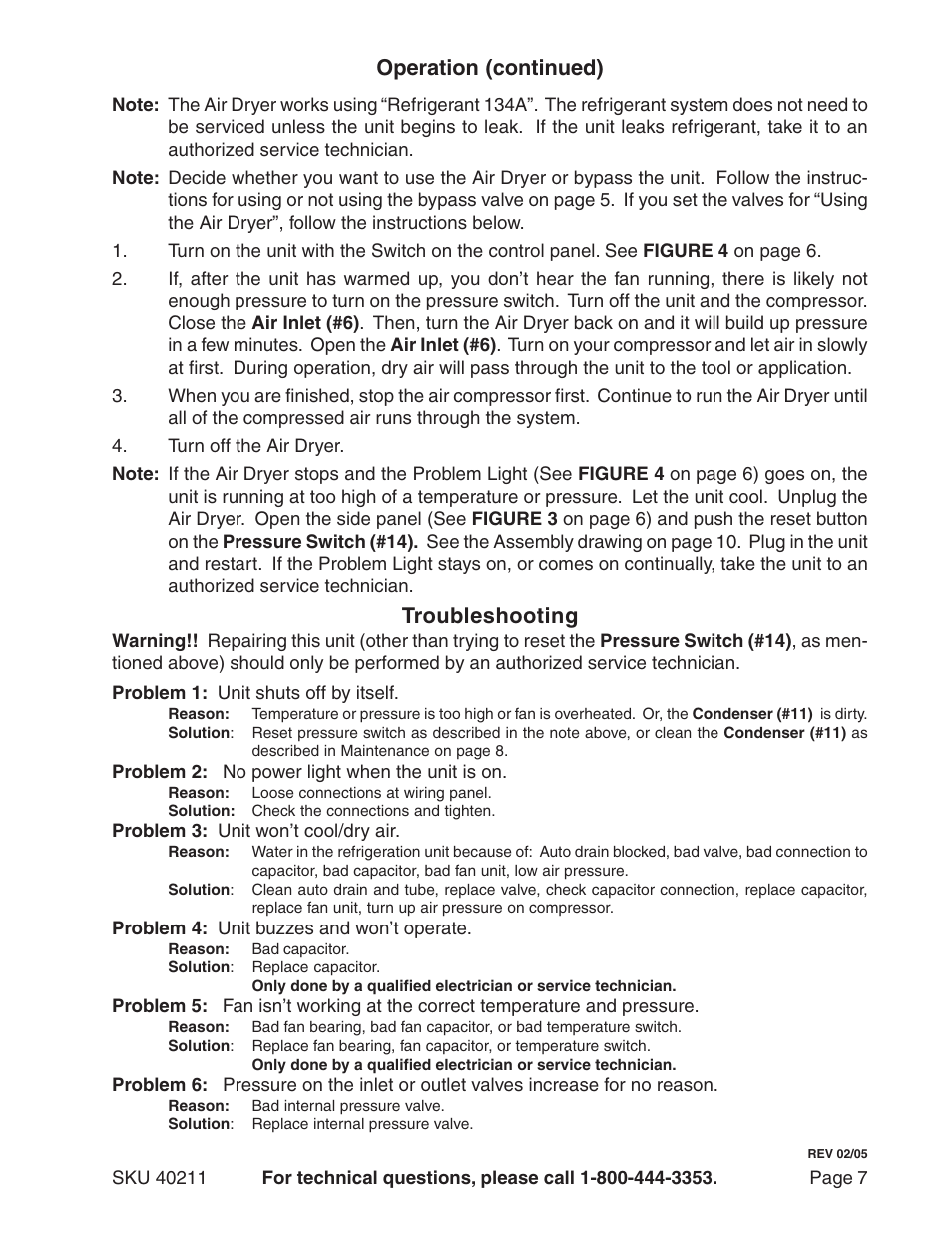 Operation (continued), Troubleshooting | Harbor Freight Tools 40211 User Manual | Page 7 / 11