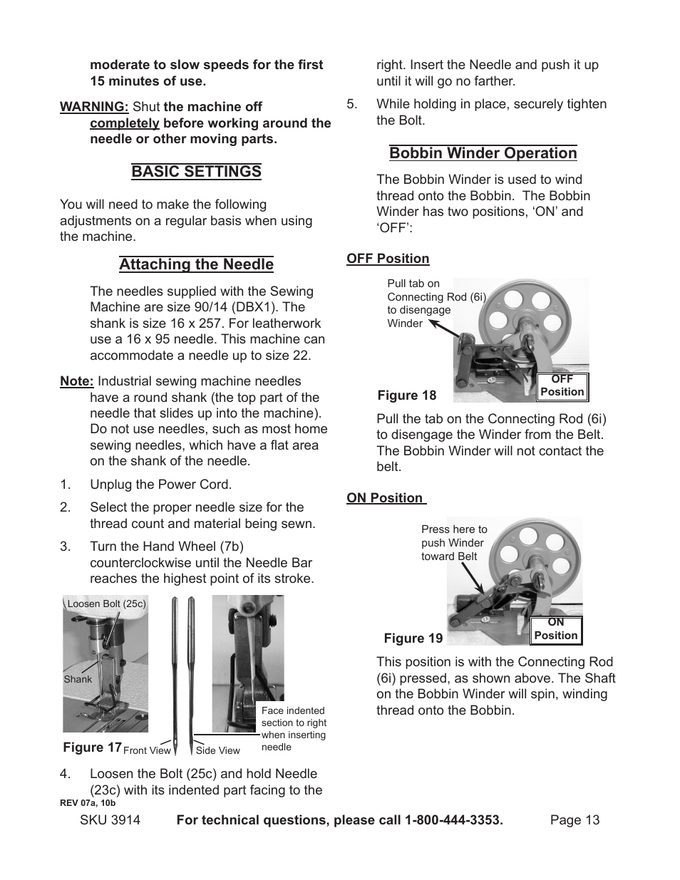 Basic settings, Attaching the needle, Bobbin winder operation | Harbor Freight Tools 3914 User Manual | Page 13 / 40