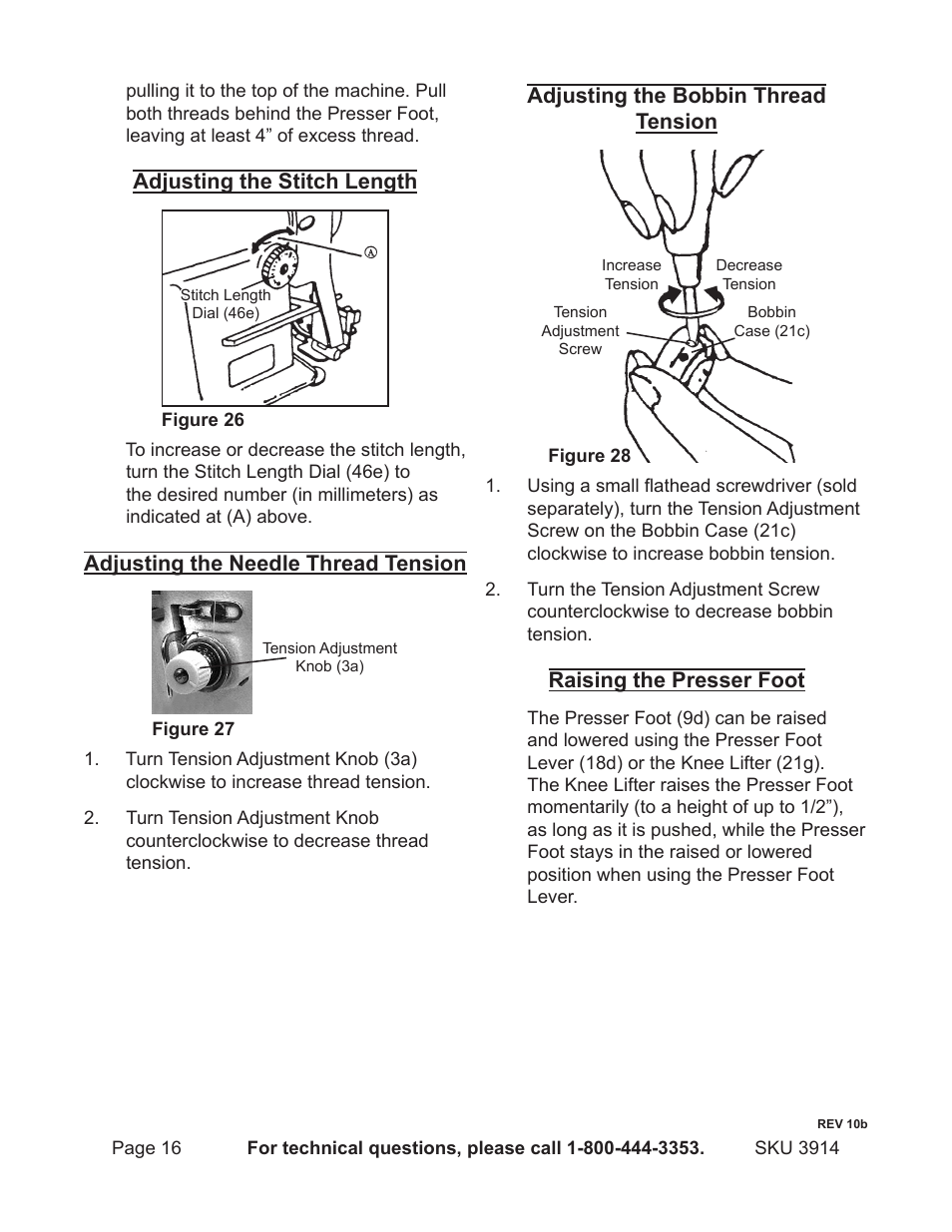 Adjusting the stitch length, Adjusting the needle thread tension, Adjusting the bobbin thread tension | Raising the presser foot | Harbor Freight Tools 3914 User Manual | Page 16 / 40