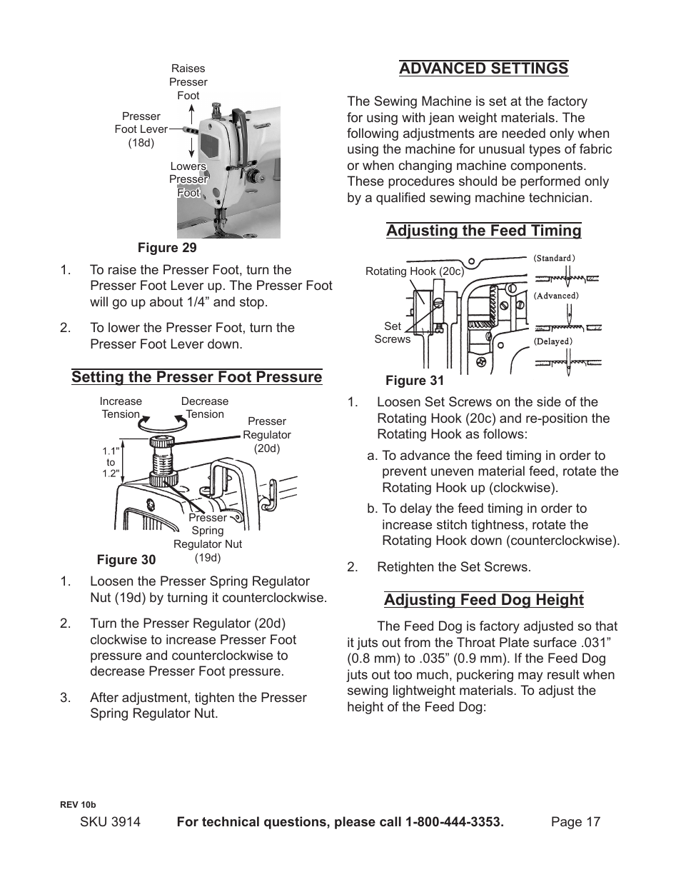 Setting the presser foot pressure, Advanced settings, Adjusting the feed timing | Adjusting feed dog height | Harbor Freight Tools 3914 User Manual | Page 17 / 40