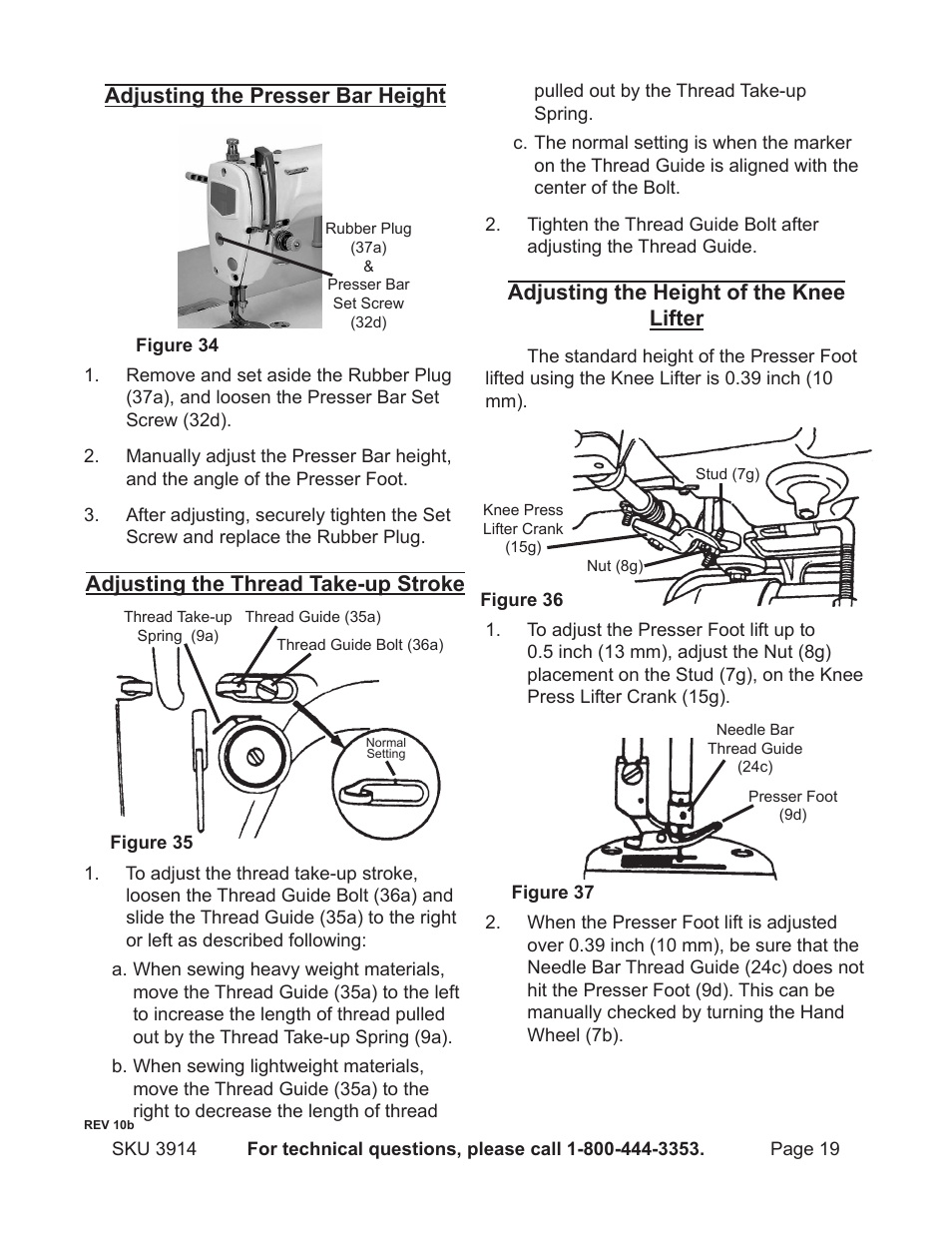 Adjusting the presser bar height, Adjusting the thread take-up stroke, Adjusting the height of the knee lifter | Harbor Freight Tools 3914 User Manual | Page 19 / 40