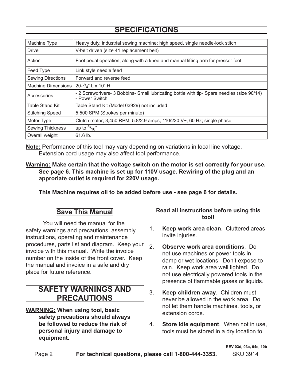 Safety warnings and precautions, Specifications, Save this manual | Harbor Freight Tools 3914 User Manual | Page 2 / 40