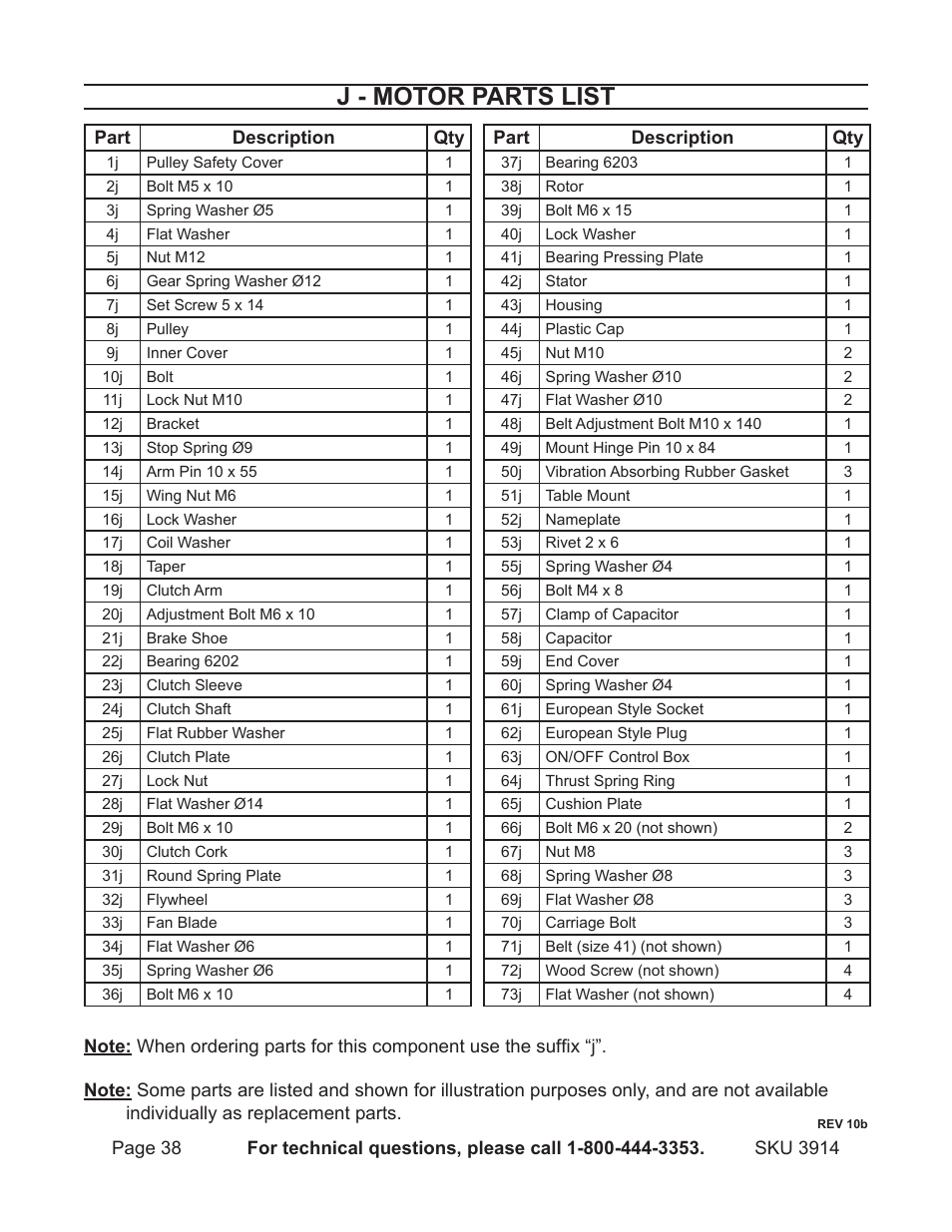 J - motor parts list | Harbor Freight Tools 3914 User Manual | Page 38 / 40