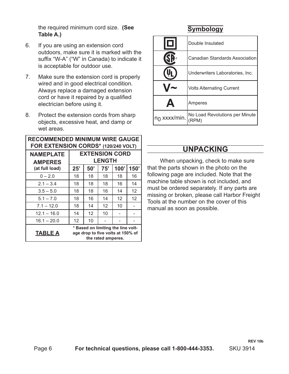 Unpacking, Symbology | Harbor Freight Tools 3914 User Manual | Page 6 / 40