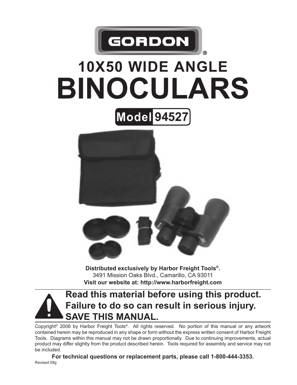 Harbor Freight Tools Gordon 10X50 Wide Angle Binoculars 94527 User Manual | 5 pages