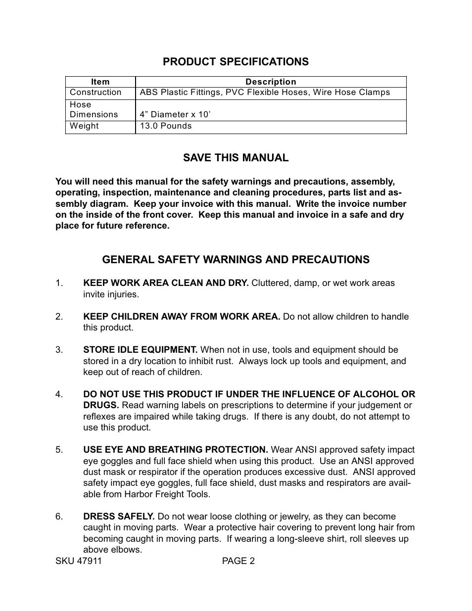 Harbor Freight Tools 47911 User Manual | Page 2 / 6