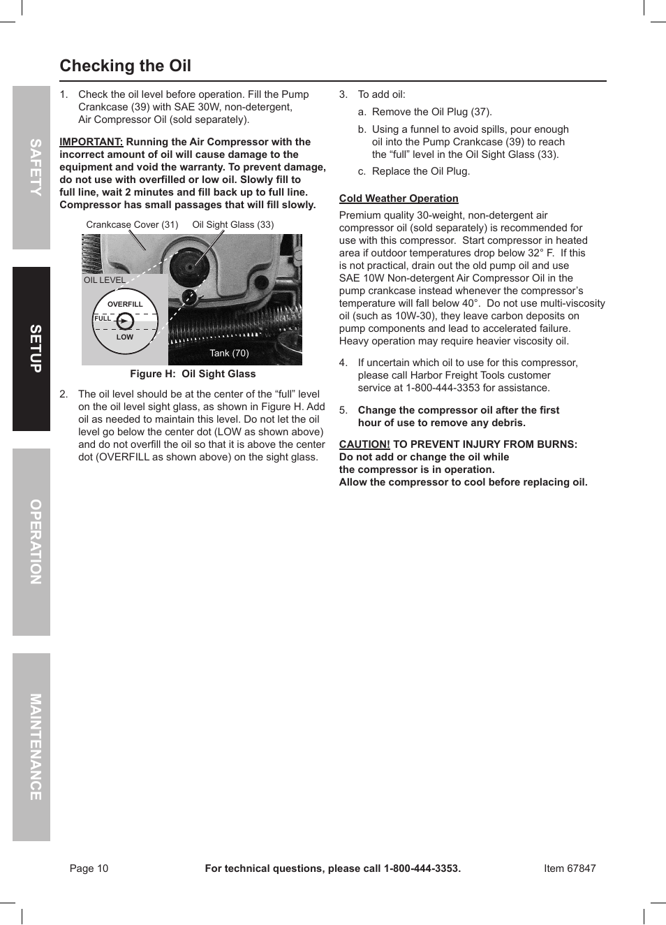 Checking the oil, Safety opera tion maintenance setup | Harbor Freight Tools 67847 User Manual | Page 10 / 20
