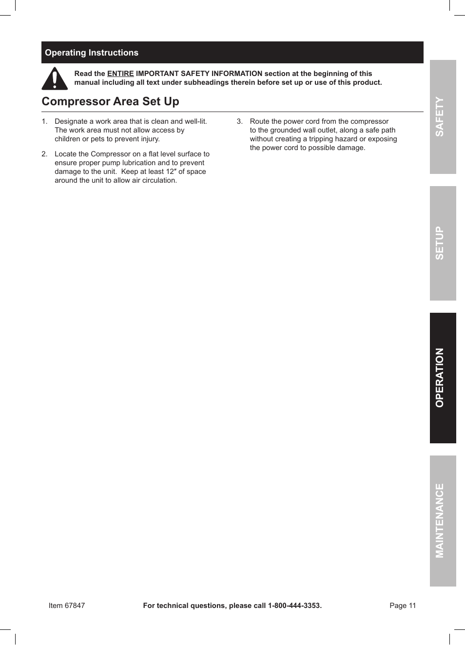 Compressor area set up, Safety opera tion maintenance setup | Harbor Freight Tools 67847 User Manual | Page 11 / 20