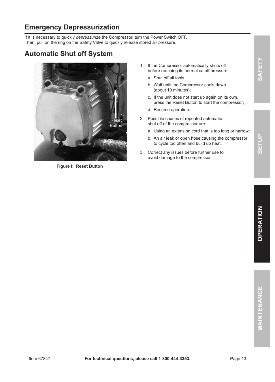 Emergency depressurization, Automatic shut off system, Safety opera tion maintenance setup | Harbor Freight Tools 67847 User Manual | Page 13 / 20