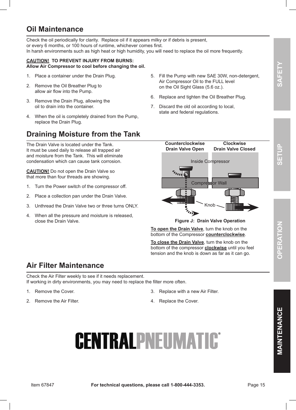 Oil maintenance, Draining moisture from the tank, Air filter maintenance | Safety opera tion maintenance setup | Harbor Freight Tools 67847 User Manual | Page 15 / 20