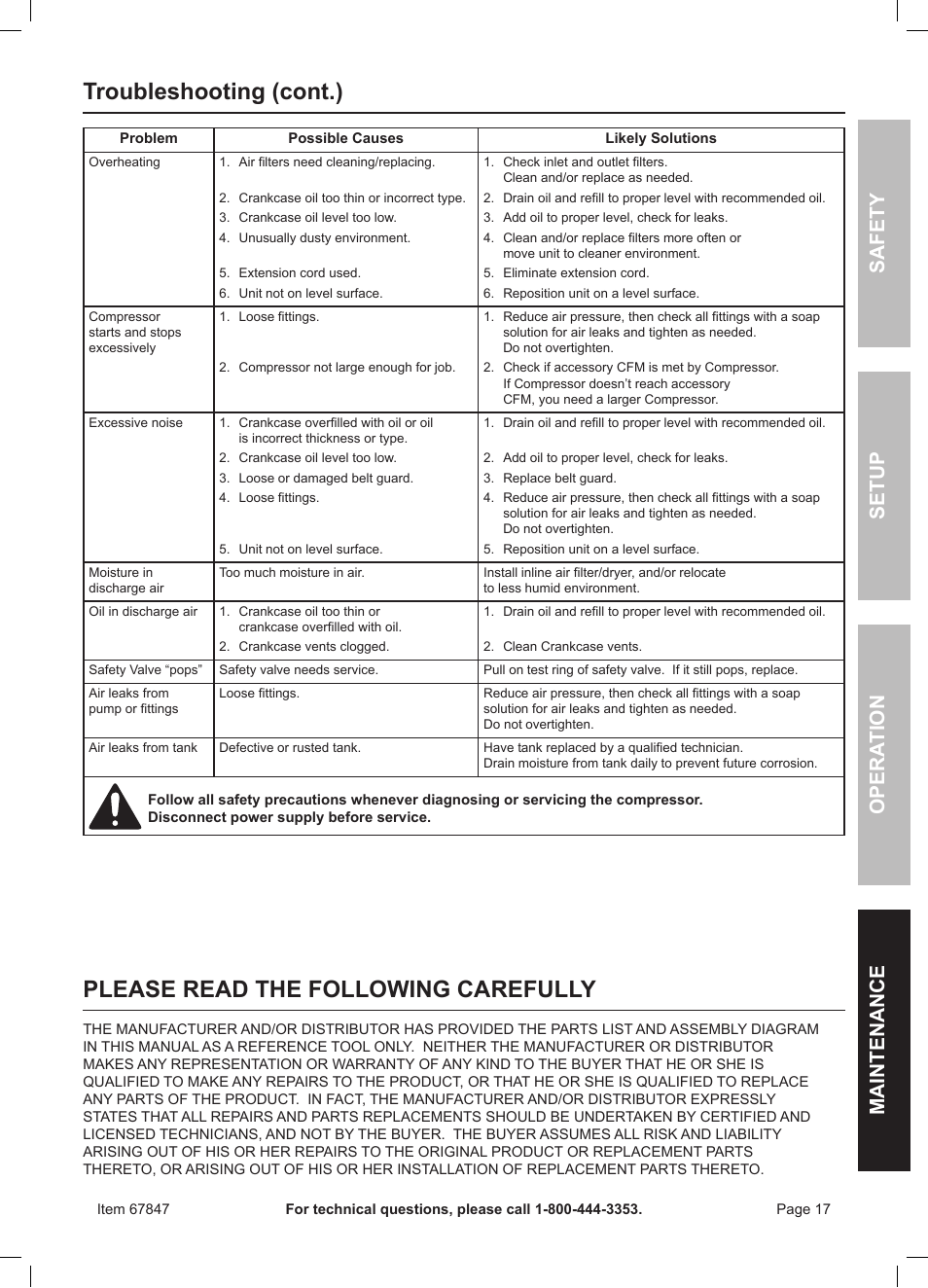 Safety opera tion maintenance setup | Harbor Freight Tools 67847 User Manual | Page 17 / 20