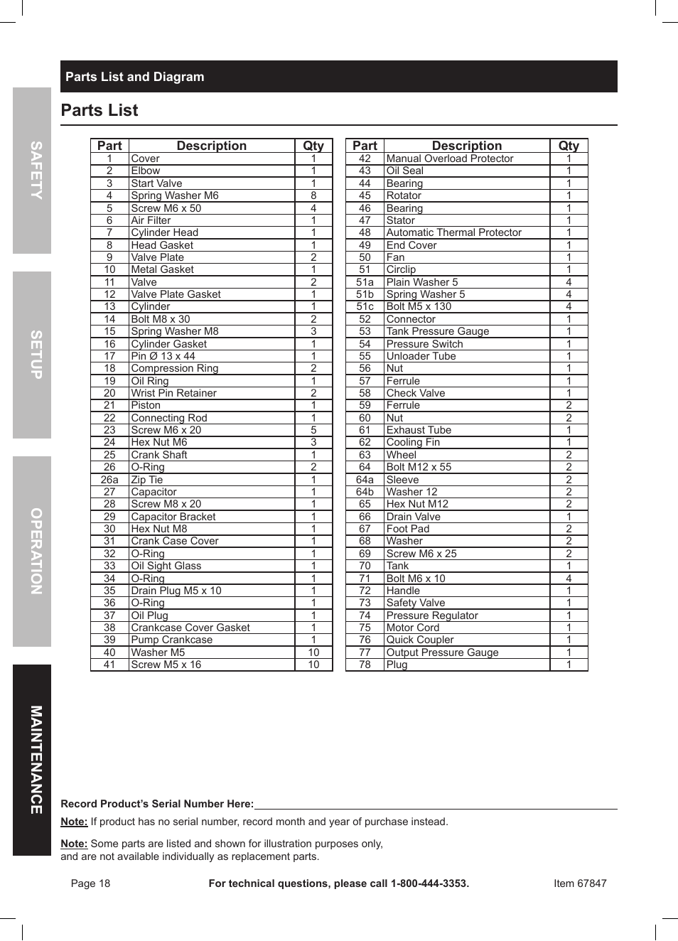 Parts list, Safety opera tion maintenance setup | Harbor Freight Tools 67847 User Manual | Page 18 / 20