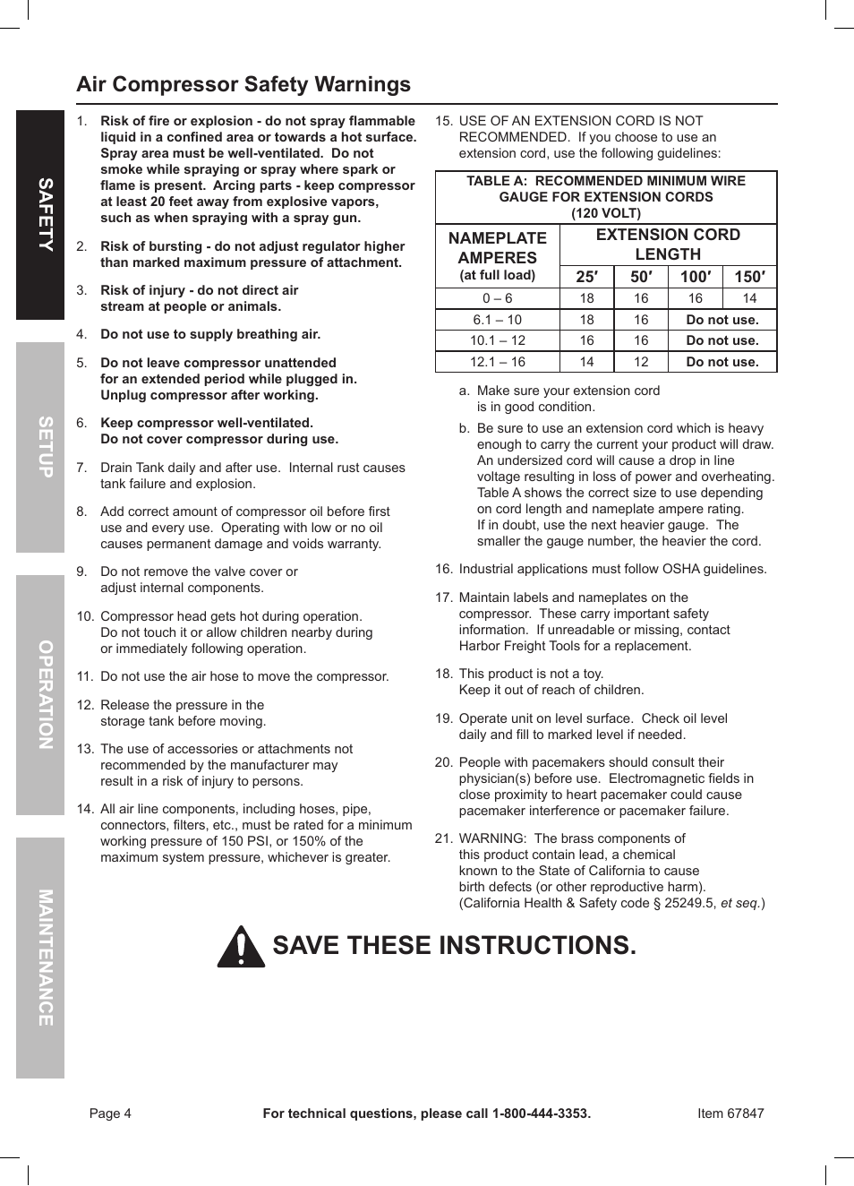 Save these instructions, Air compressor safety warnings, Safety opera tion maintenance setup | Harbor Freight Tools 67847 User Manual | Page 4 / 20