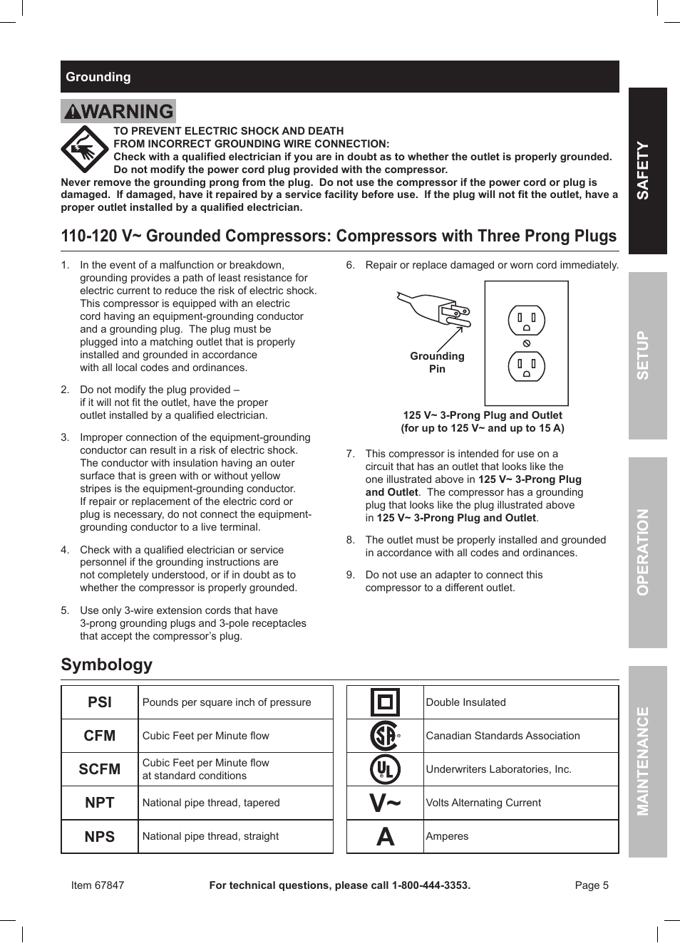 Symbology, Scfm, Safety opera tion maintenance setup | Harbor Freight Tools 67847 User Manual | Page 5 / 20