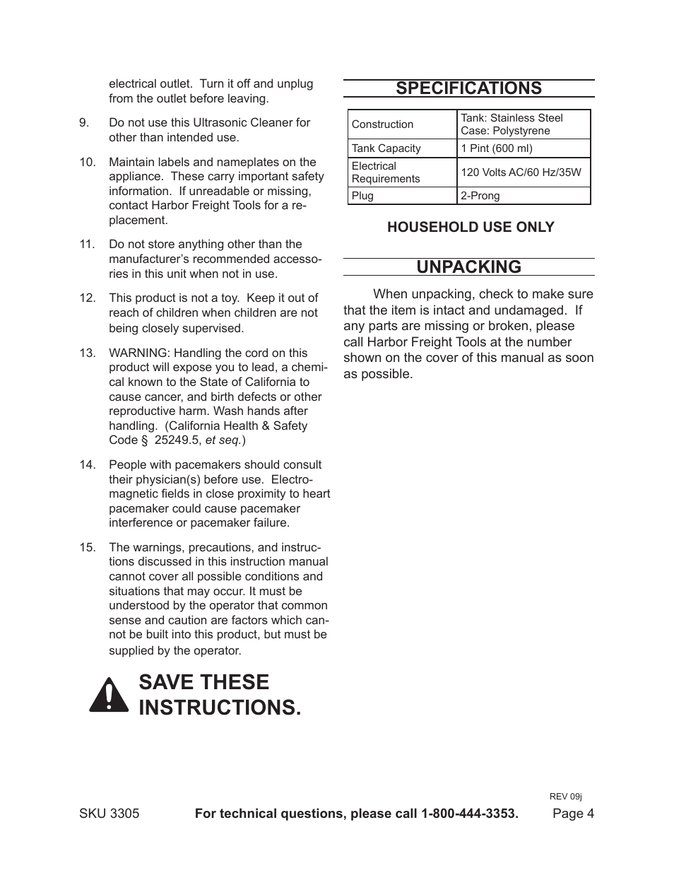 Save these instructions, Specifications, Unpacking | Harbor Freight Tools 3305 User Manual | Page 4 / 9