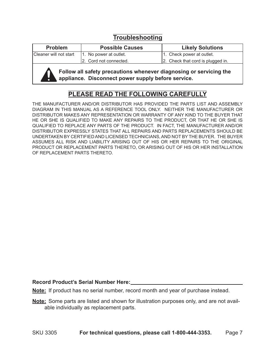 Troubleshooting, Please read the following carefully | Harbor Freight Tools 3305 User Manual | Page 7 / 9