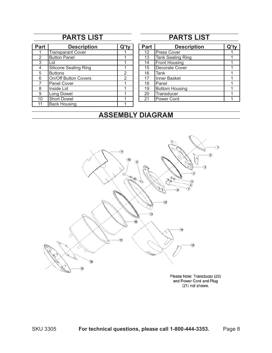 Parts list, Assembly diagram | Harbor Freight Tools 3305 User Manual | Page 8 / 9