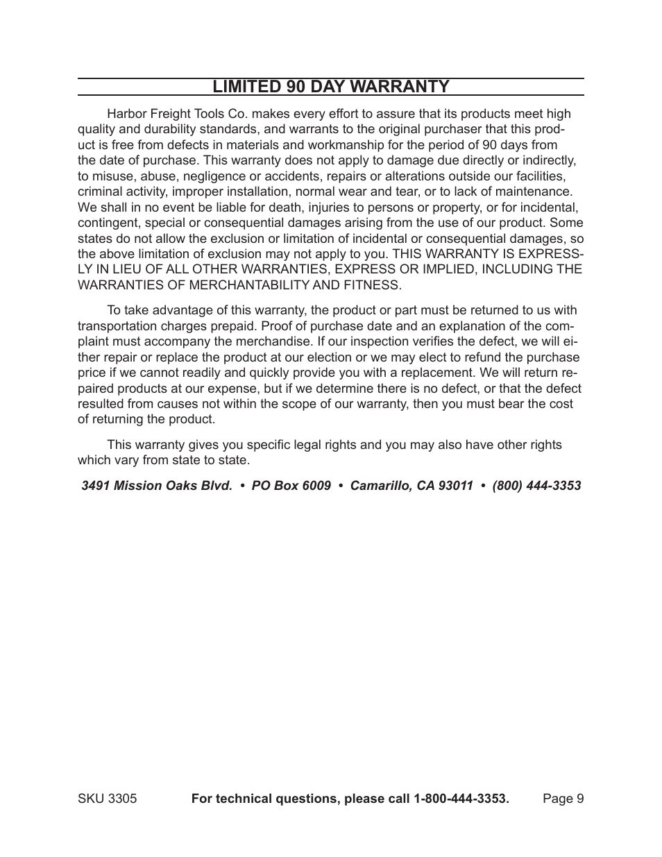 Limited 90 day warranty | Harbor Freight Tools 3305 User Manual | Page 9 / 9