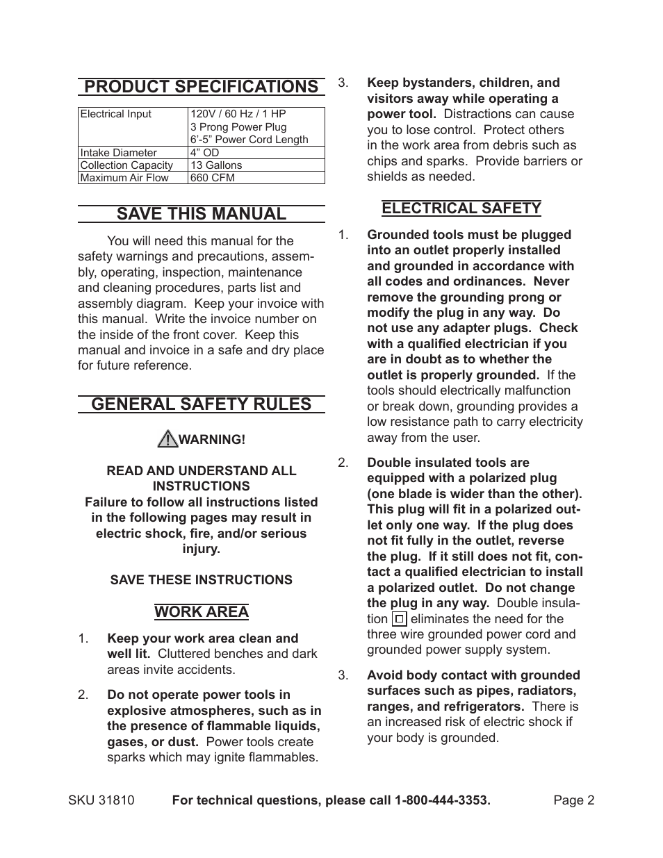 Product specifications, Save this manual, General safety rules | Harbor Freight Tools 31810 User Manual | Page 2 / 11