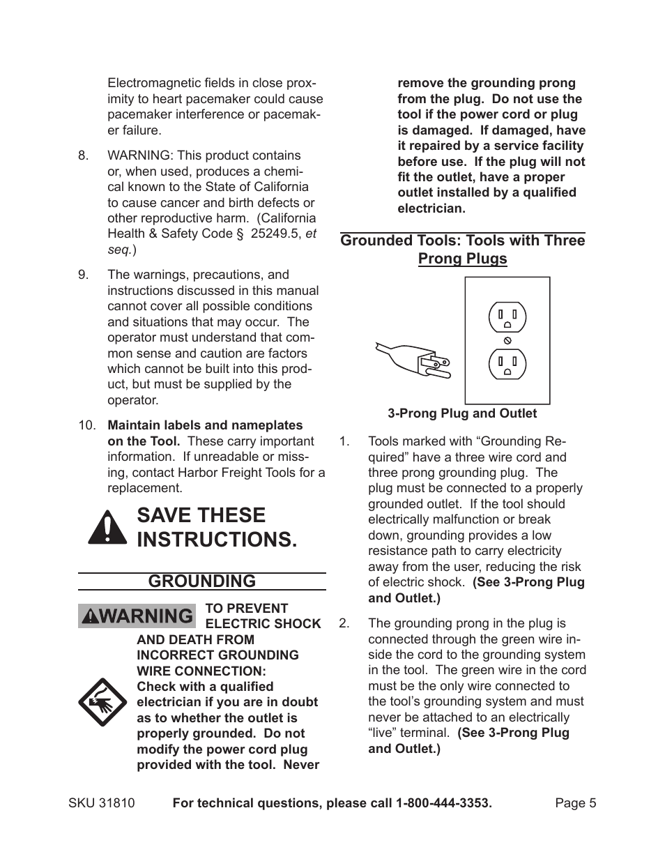 Save these instructions, Grounding | Harbor Freight Tools 31810 User Manual | Page 5 / 11