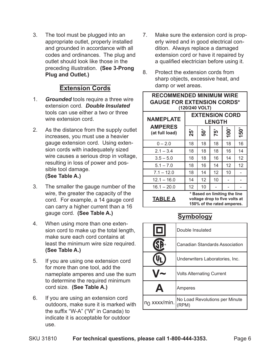 Extension cords, Symbology | Harbor Freight Tools 31810 User Manual | Page 6 / 11