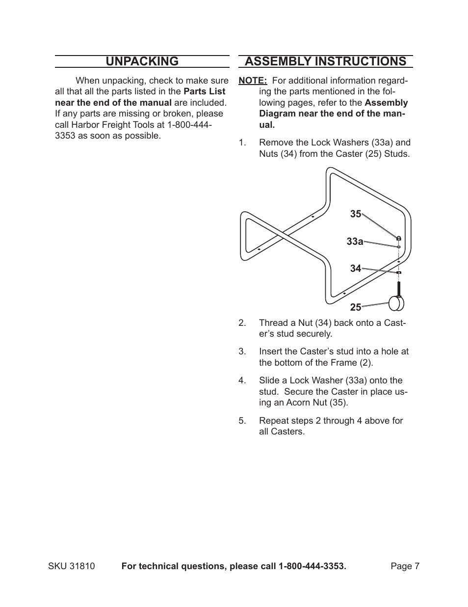 Unpacking, Assembly instructions | Harbor Freight Tools 31810 User Manual | Page 7 / 11