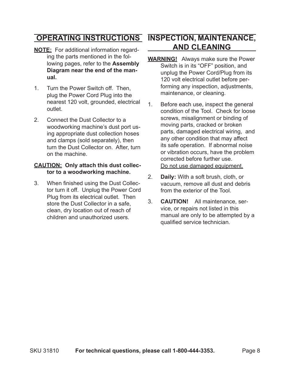 Operating instructions, Inspection, maintenance, and cleaning | Harbor Freight Tools 31810 User Manual | Page 8 / 11