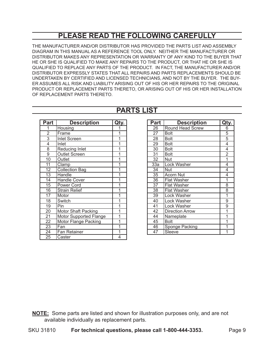 Please read the following carefully, Parts list | Harbor Freight Tools 31810 User Manual | Page 9 / 11