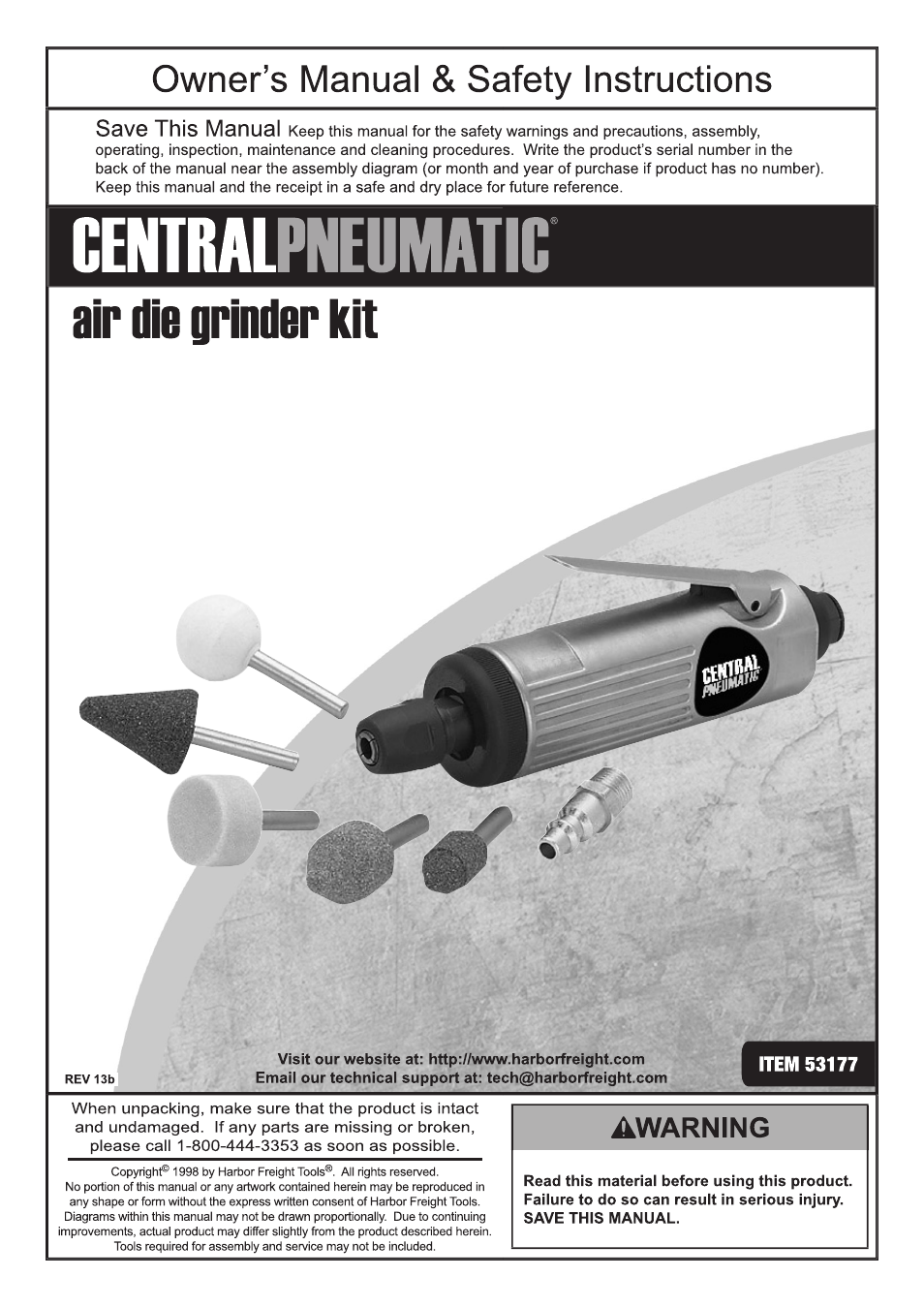 Harbor Freight Tools CENTRAL PNEUMATIC 53177 User Manual | 16 pages