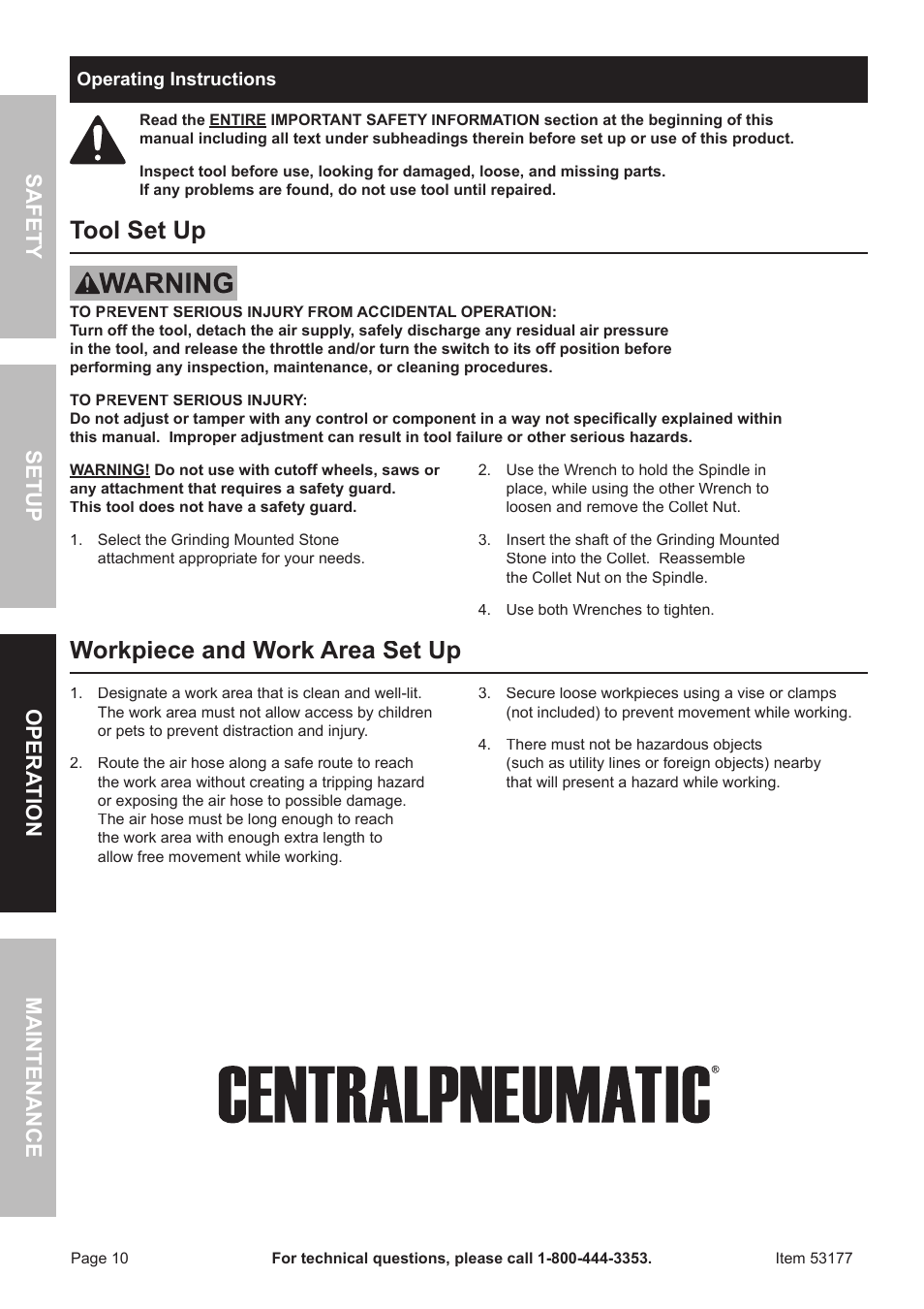 Tool set up, Workpiece and work area set up, Safet y op era tion m aintenan c e setu p | Harbor Freight Tools CENTRAL PNEUMATIC 53177 User Manual | Page 10 / 16