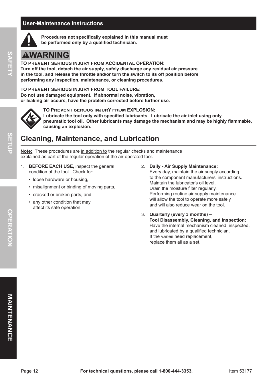 Cleaning, maintenance, and lubrication, Safet y op era tion m aintenan c e setu p | Harbor Freight Tools CENTRAL PNEUMATIC 53177 User Manual | Page 12 / 16