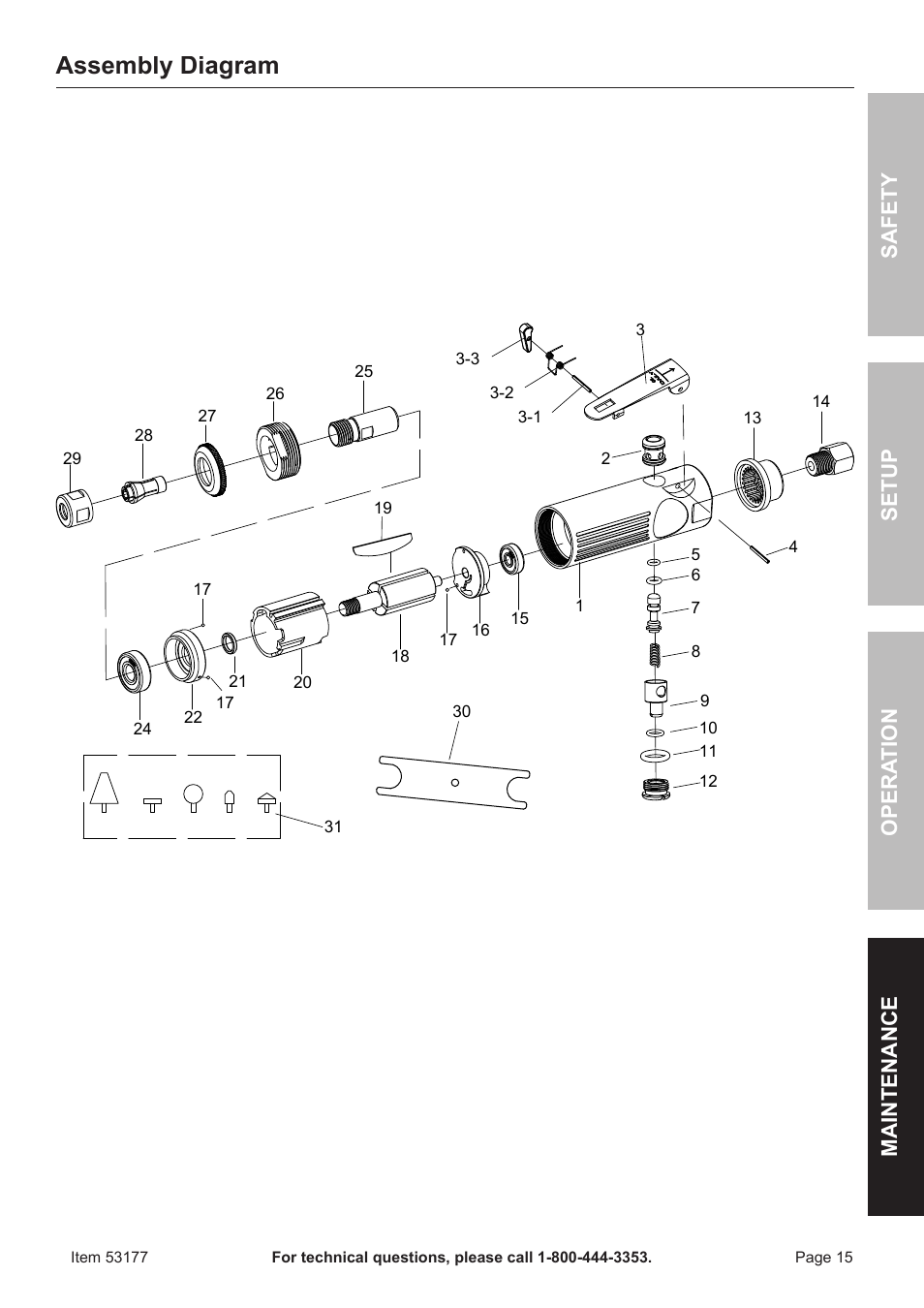 Assembly diagram, Safet y op era tion m aintenan c e setu p | Harbor Freight Tools CENTRAL PNEUMATIC 53177 User Manual | Page 15 / 16