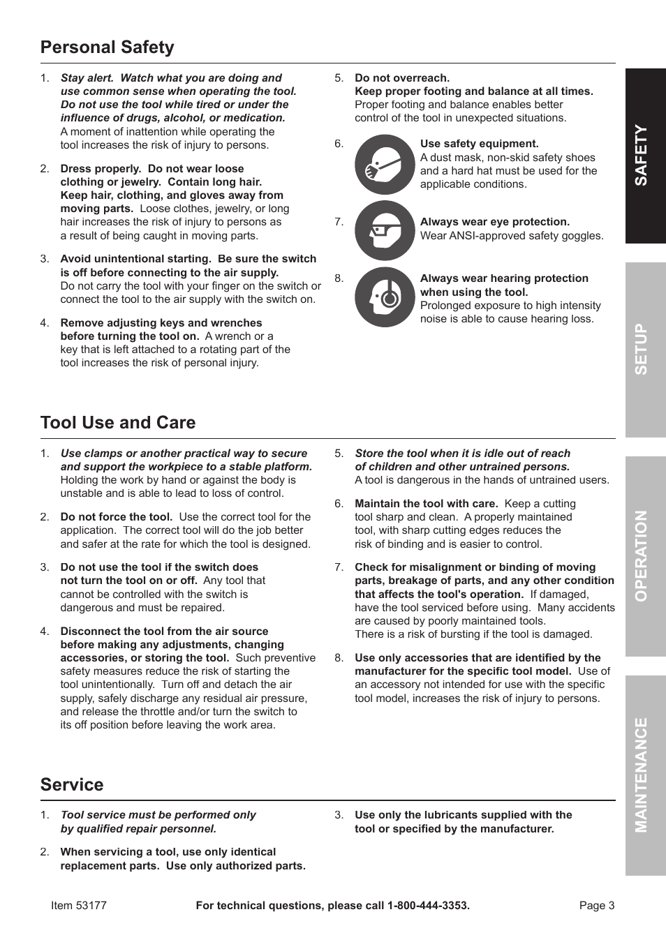 Personal safety, Tool use and care, Service | Safet y op era tion m aintenan c e setu p | Harbor Freight Tools CENTRAL PNEUMATIC 53177 User Manual | Page 3 / 16