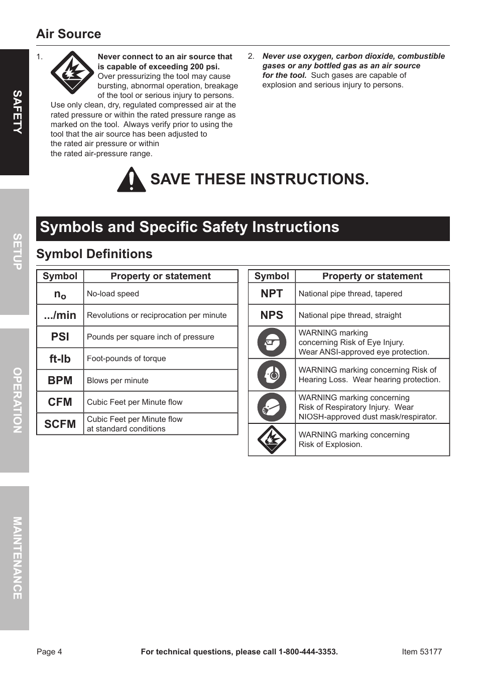 Air source, Symbol definitions, Safet y op era tion m aintenan c e setu p | Ft-lb, Scfm | Harbor Freight Tools CENTRAL PNEUMATIC 53177 User Manual | Page 4 / 16