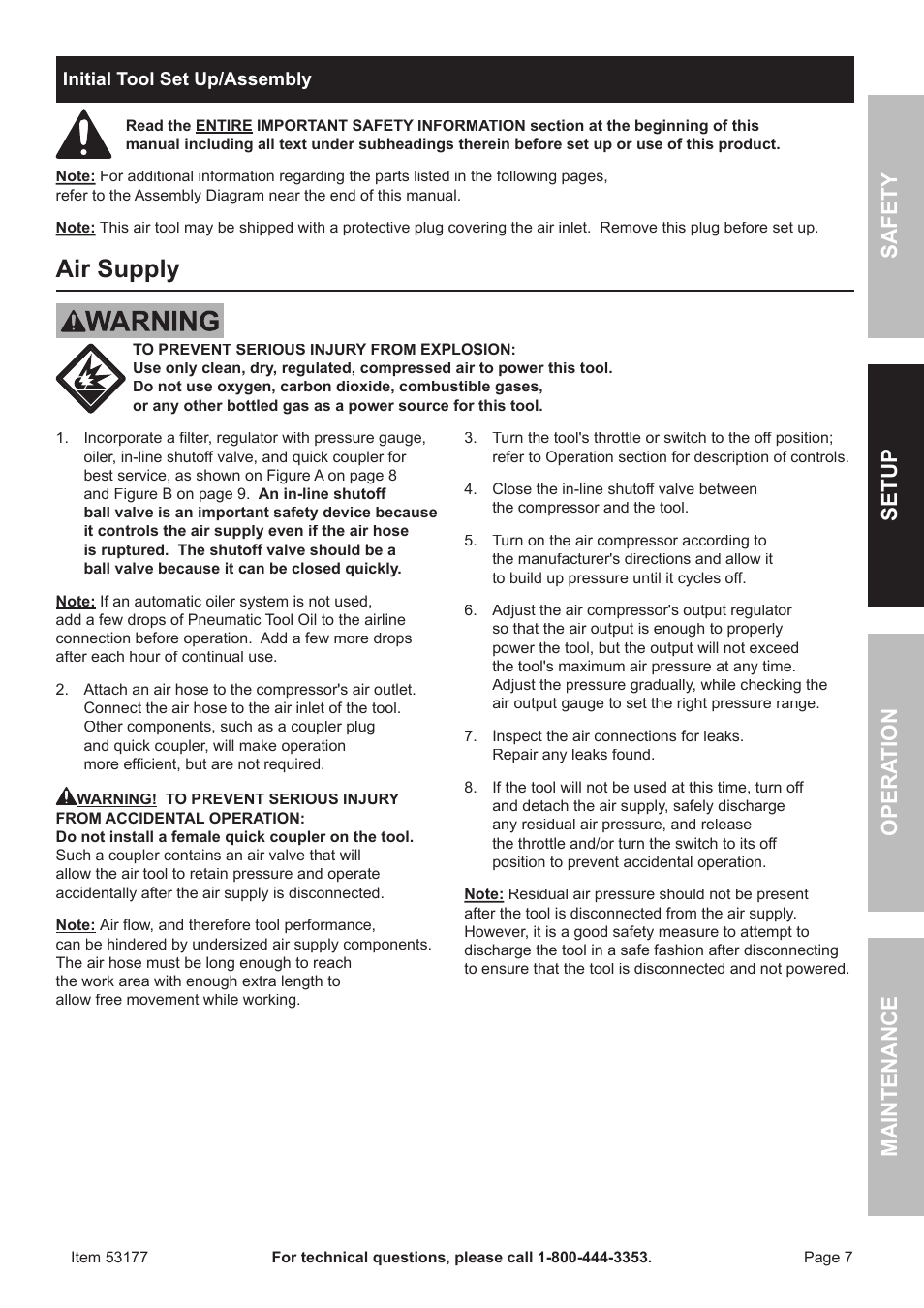 Air supply, Safet y op era tion m aintenan c e setu p | Harbor Freight Tools CENTRAL PNEUMATIC 53177 User Manual | Page 7 / 16