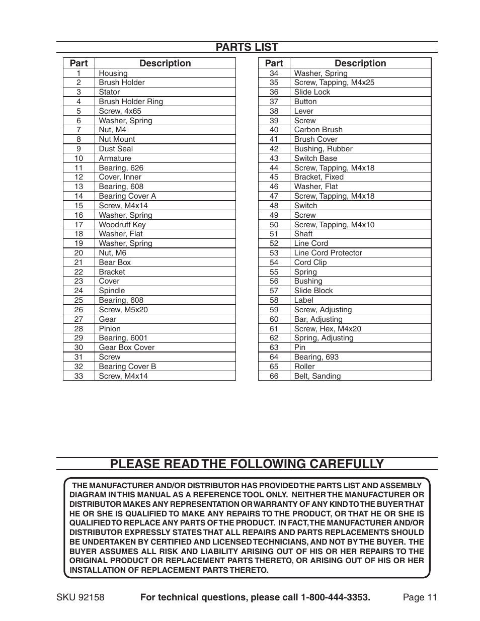 Please read the following carefully, Parts list | Harbor Freight Tools 92158 User Manual | Page 11 / 12