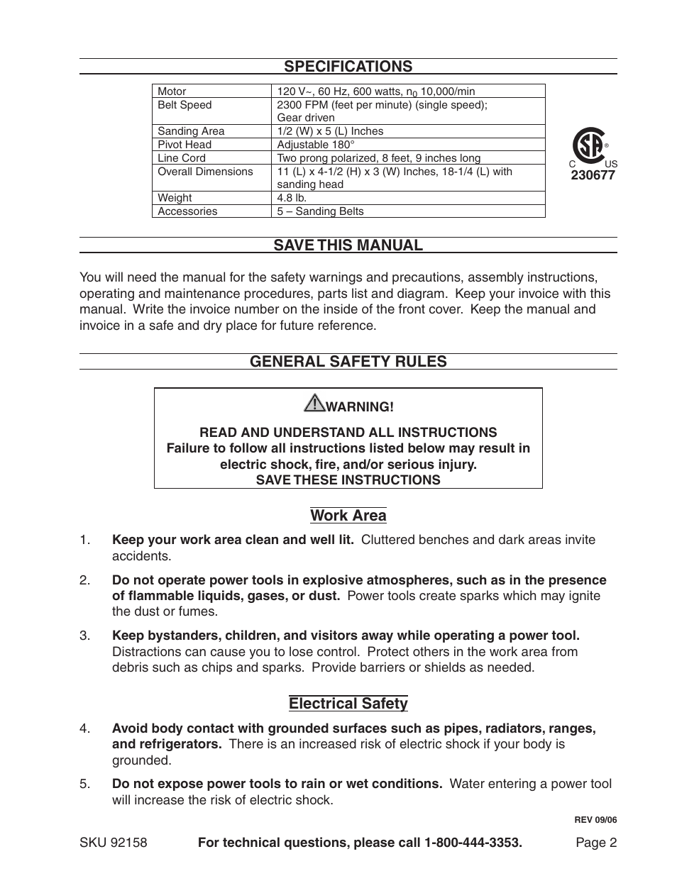 Specifications, Save this manual, General safety rules | Work area, Electrical safety | Harbor Freight Tools 92158 User Manual | Page 2 / 12