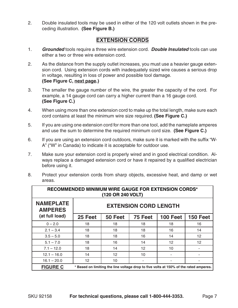 Extension cords, Nameplate amperes | Harbor Freight Tools 92158 User Manual | Page 7 / 12