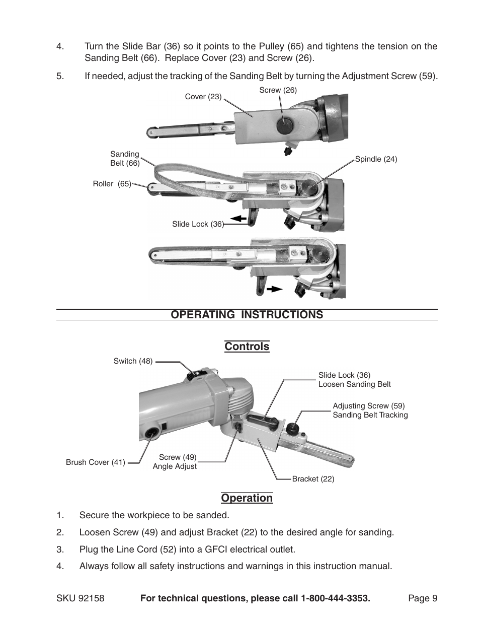 Operating instructions controls, Operation | Harbor Freight Tools 92158 User Manual | Page 9 / 12