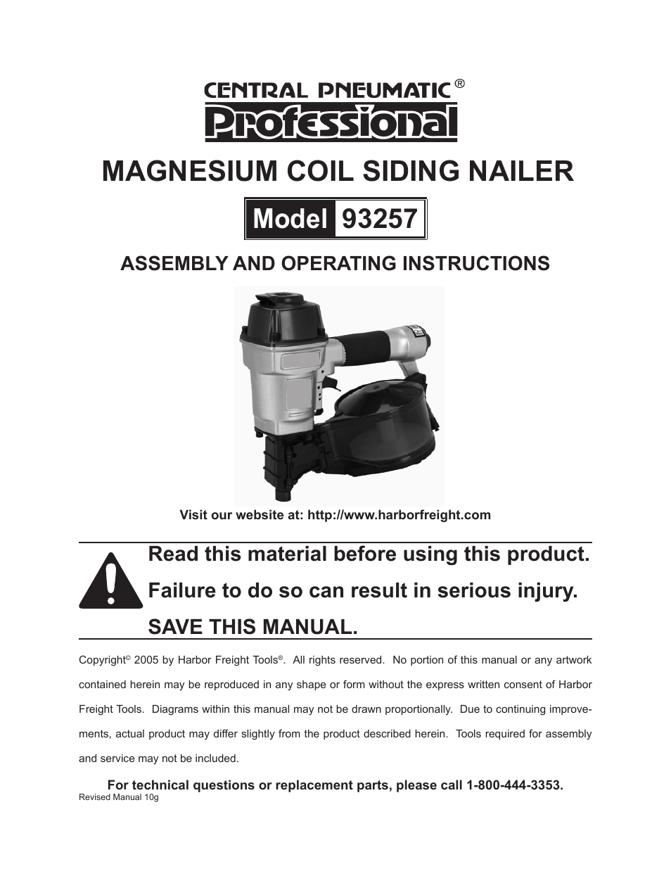 Harbor Freight Tools CENTRAL PNEUMATIC 93257 User Manual | 15 pages