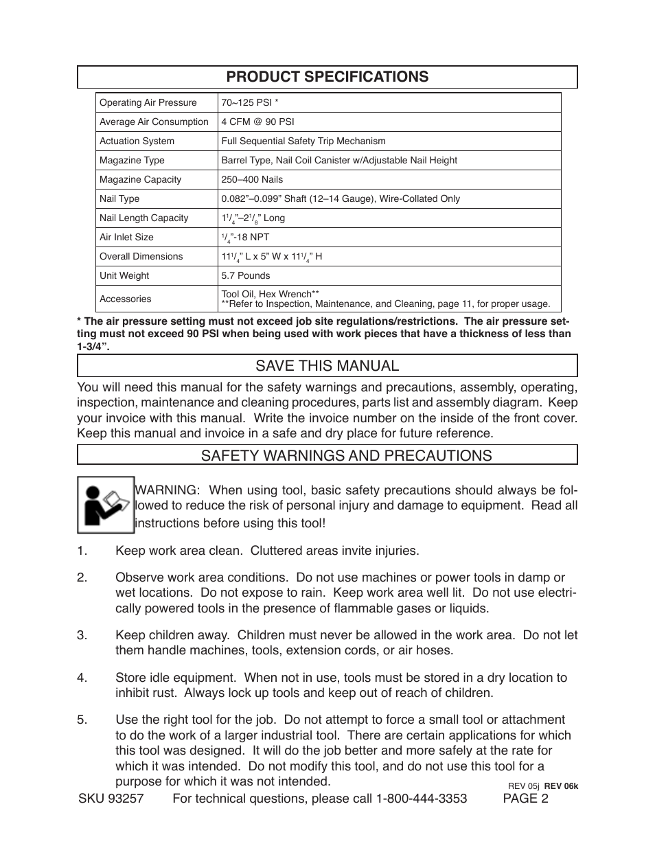 Product specifications save this manual, Safety warnings and precautions | Harbor Freight Tools CENTRAL PNEUMATIC 93257 User Manual | Page 2 / 15