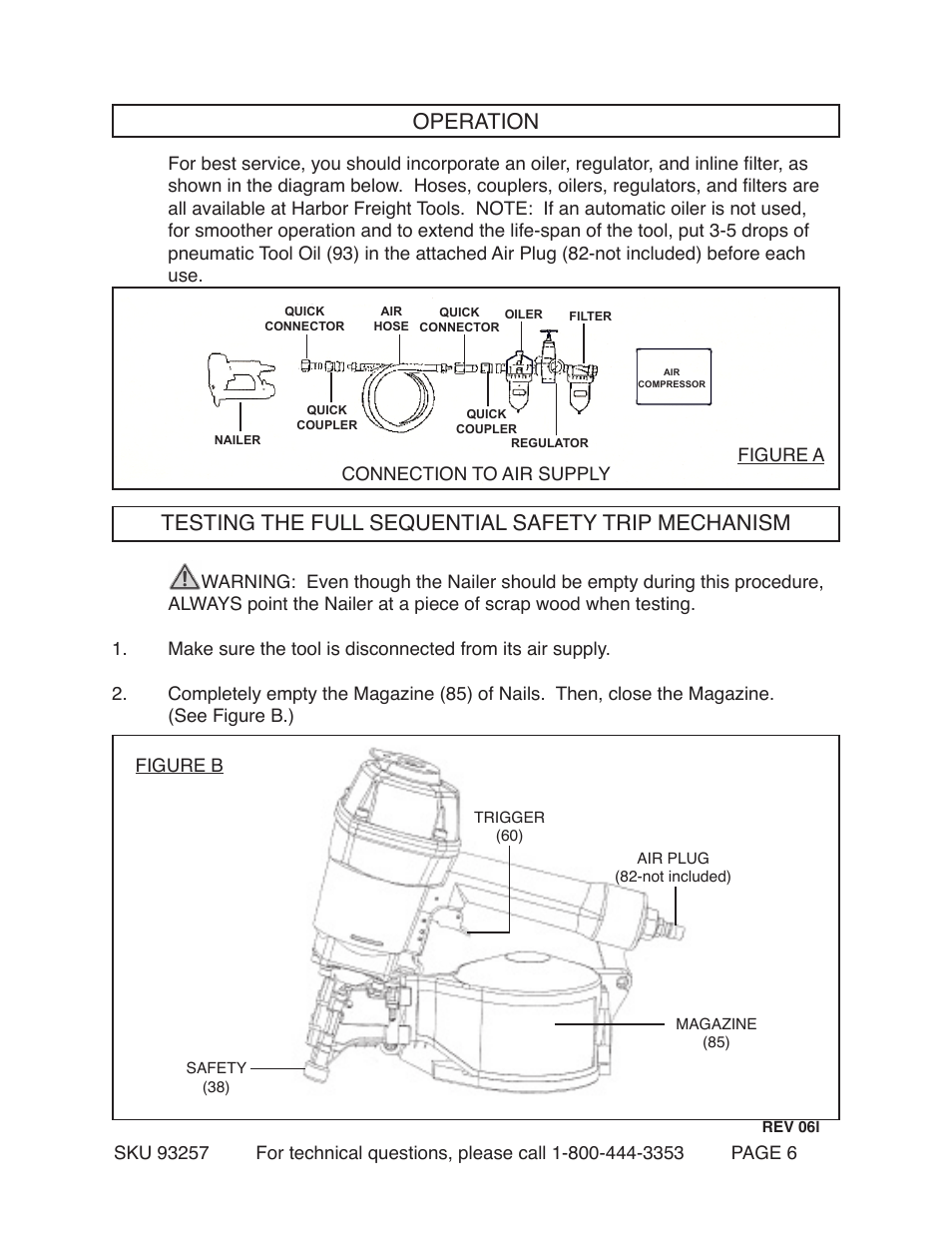 Testing the full sequential safety trip mechanism, Operation | Harbor Freight Tools CENTRAL PNEUMATIC 93257 User Manual | Page 6 / 15