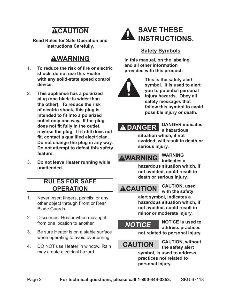 Save these instructions, Caution, Warning | Rules for safe operation | Harbor Freight Tools 67118 User Manual | Page 2 / 8