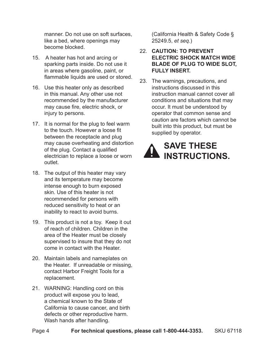 Save these instructions | Harbor Freight Tools 67118 User Manual | Page 4 / 8